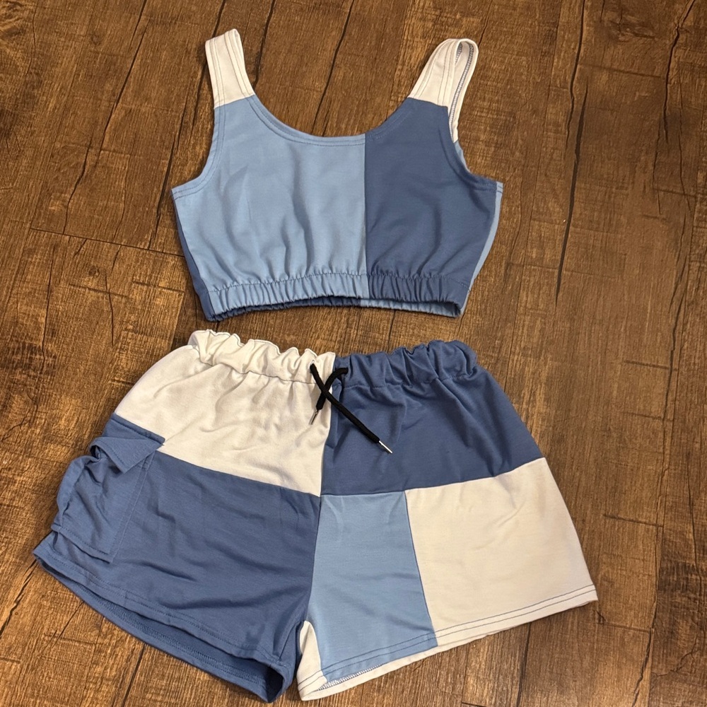 SHEIN Blue and White Color-block Cargo Shorts Set